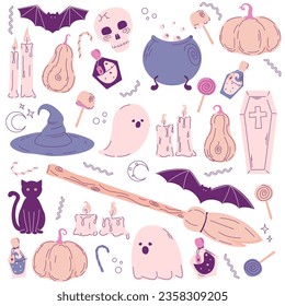 Set of Halloween graphic elements - pumpkins, ghosts, candles, potions, cat, candy and others