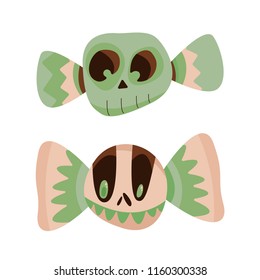 Set of Halloween green candies with a scary, funny face. Skull of the skeleton. Vector illustration cartoon