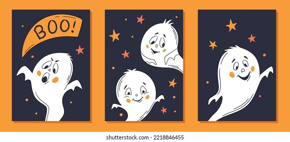 Set of Halloween greeting card with baby ghosts. One line hand drawn emoticon ghosts. Funny little cute ghosts. Cartoon style. Happy halloween party. Holidays cartoon character.
