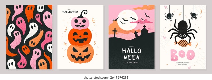 Set of halloween greeting card designs with textured grainy modern illustrations featuring ghost pattern, stack of pumpkins, night cemetery and cute spider, for fall holiday party invitations, vector 