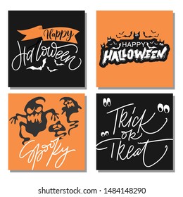 Set of Halloween greeting card with handwritten calligraphy quotes and words.