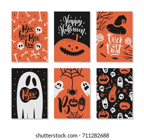 Set of Halloween greeting card with handwritten calligraphy quotes and words.