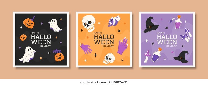 Set tarjeta de felicitación de Halloween con mano zombie, calavera, vela, calabaza, sombrero de bruja, fantasma, poción. Diseño de Plantilla dibujado a mano. Ilustración plana de Vector para impresión de vacaciones, póster, Anuncio, anuncios, cubierta.