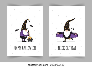 Set of Halloween greeting cards. Cute scandinavian gnomes. Spooky night party invitation, poster or flyer. Vector illustration in cartoon style. Holiday backgrounds with scary festive elements.
