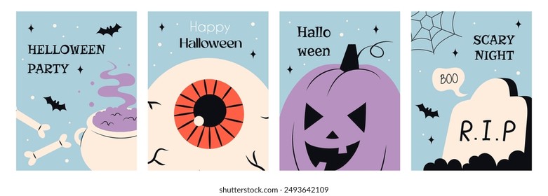 Set of Halloween greeting cards with cute creepy childrens illustrations on a blue background in flat style. Happy Halloween party poster or greeting card. Trendy design for banner, poster, cover
