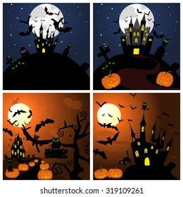 Set of Halloween Greeting Cards. Elegant Design With Pumpkin, Moon, Tree, Grave, Castle, and Cats Over Grunge Dark Sky Background. Vector illustration.