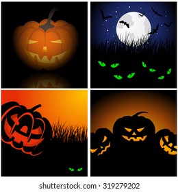 Set of Halloween Greeting Cards. Elegant Design With Smiling Pumpkin Over Grunge Background. Vector illustration.