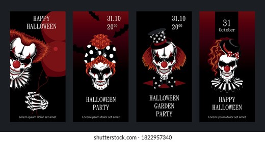 Set of halloween greeting cards featuring evil clowns. Templates for postcards, flyers, banners. Vector image of skulls of clowns.