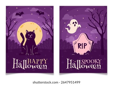 Set of Halloween greeting cards with hand drawn black cat, ghost, bats, tombstone, trees on purple night sky with moon. Spooky holiday posters collection. Social media template. Vector illustration.