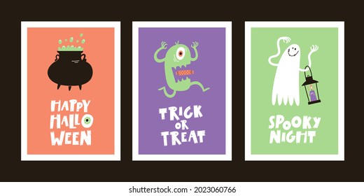 Set of Halloween greeting cards with handwritten text and traditional symbols.