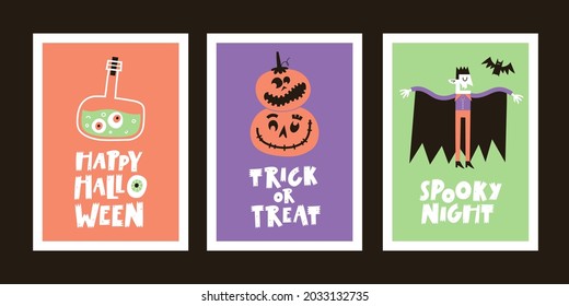 Set of Halloween greeting cards with handwritten text and traditional symbols.