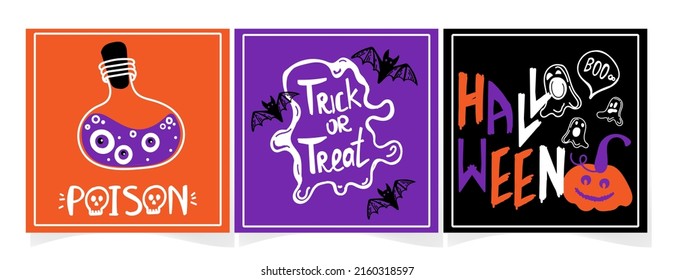 A set of Halloween greeting cards with handwritten text. Traditional characters, hand-drawn in doodle style. Poison in a bottle, bats and ghosts with pumpkins.