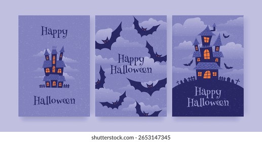 Set of Halloween Greeting Cards with Haunted Houses, Bats, and Clouds on Purple Sky. Glowing Windows and Text Happy Halloween. Flat Graphic Vector Illustration for Postcard or Poster