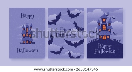 Set of Halloween Greeting Cards with Haunted Houses, Bats, and Clouds on Purple Sky. Glowing Windows and Text Happy Halloween. Flat Graphic Vector Illustration for Postcard or Poster