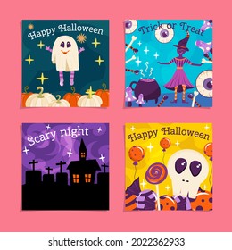 Set Halloween greeting cards with inscriptions happy Halloween, creepy night, trick or treat. Creepy house at night with graves, a skull with sweets, witch makes potion, monster flies over pumpkins.