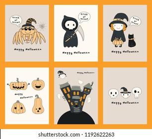 Set Halloween greeting cards and kawaii funny characters  text  pumpkins  haunted house  ghosts  Hand drawn vector illustration  Line drawing  Design concept for kids print  party invitation 