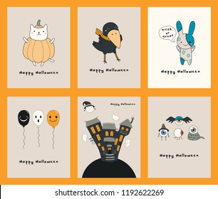 Set of Halloween greeting cards with kawaii funny characters, text, haunted house, ghosts, balloons. Hand drawn vector illustration. Line drawing. Design concept for kids print, party invitation.