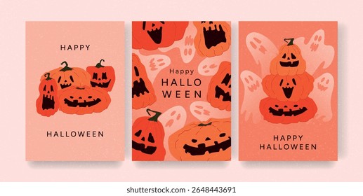 Set of Halloween Greeting Cards with Pumpkins and Ghosts. Funny and Scary Jack o Lantern Faces, Flying Spirits, Happy Halloween Lettering. Flat Hand Drawn Vector Illustration
