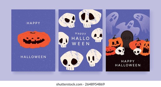 Conjunto de cartões comemorativos de Halloween com abóboras, crânios e fantasmas. Jack o Lantern Faces, RIP Tombstone e Spirits on Purple Background. Ilustração de vetor desenhada à mão plana