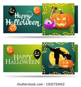 Set Halloween greeting cards. Two green horizontal greeting cards to for your arts