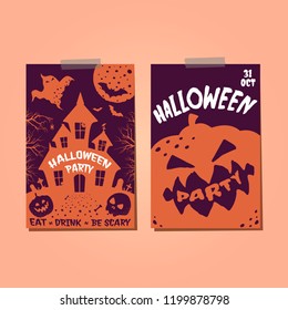 Set of Halloween greeting posters with  ghost house and pumpkin. Vector flyer illustration in silhouette style.