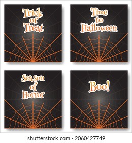 Set of Halloween greeting posters. Spider web on gradient festive vector backgrounds.