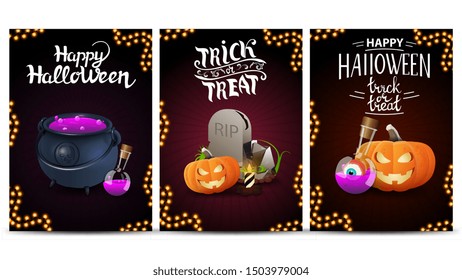 Set Halloween greeting vertical postcard with beautiful lettering