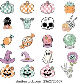 Set of Halloween groovy element: skull, witch hat, spooky candy, skeleton hand, pumpkin, ghost, headstone, witch ball, cauldron .Happy Halloween day 70s groovy vector. trendy retro trippy style.