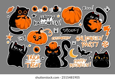 Conjunto de gatos negros gruñones de halloween, letras y calabazas kawaii aterradoras. Conjunto de pegatinas de halloween, insignias, Elementos de scrapbooking. Feliz Halloween. Fiesta de Halloween, Vector EPS 10