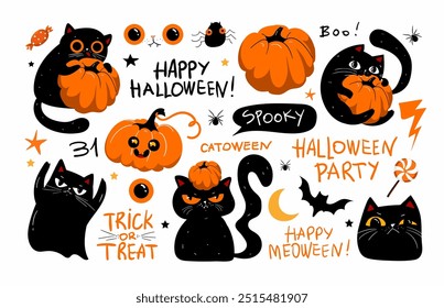 Conjunto de gatos negros gruñones de halloween, letras y calabazas kawaii aterradoras. Conjunto de pegatinas de halloween, insignias, Elementos de scrapbooking. Feliz Halloween. Fiesta de Halloween, Vector EPS 10