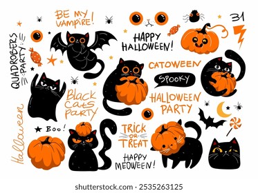 Set of halloween grumpy black cats, lettering and scarry kawaii punpkins. Set of halloweeen stickers, badges, scrapbooking elements. Happy halloween set. Halloween Quadrobers party