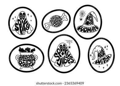 Set of halloween grunge groovy oval stamps. Typographic flat isolated stickers or printouts with paint splashes. Creepy and spooky slogans. Ideal for t shirt print, decoration