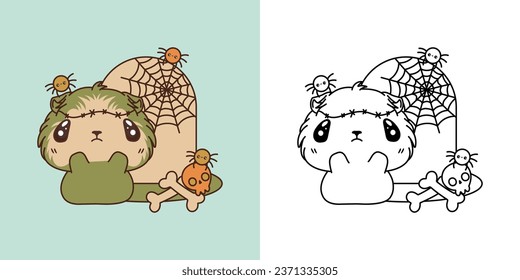 Set Halloween Guinea Pig Multicolored and Black and White. Kawaii Clip Art Halloween Rodent. Cute Vector Illustration of a Kawaii Halloween Animal in a Zombie Costume. 