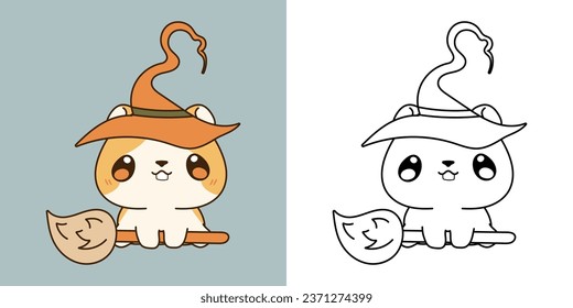 Set Halloween Hamster Multicolored and Black and White. Kawaii Clip Art Halloween Animal. Cute Vector Illustration of Halloween Kawaii Rodent in Witch Costume. 