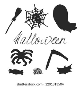 Set of Halloween hand drawn cartoon objects, symbols and design elements with lettering. Vector illustrations.