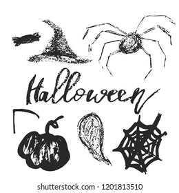 Set of Halloween hand drawn cartoon objects, symbols and design elements with lettering. Vector illustrations.