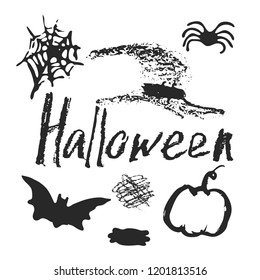 Set of Halloween hand drawn cartoon objects, symbols and design elements with lettering. Vector illustrations.