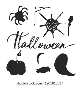 Set of Halloween hand drawn cartoon objects, symbols and design elements with lettering. Vector illustrations.