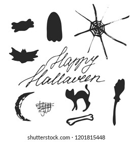 Set of Halloween hand drawn cartoon objects, symbols and design elements with lettering. Vector illustrations.