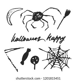 Set of Halloween hand drawn cartoon objects, symbols and design elements with lettering. Vector illustrations.