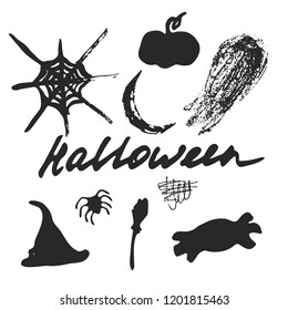 Set of Halloween hand drawn cartoon objects, symbols and design elements with lettering. Vector illustrations.