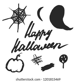 Set of Halloween hand drawn cartoon objects, symbols and design elements with lettering. Vector illustrations.