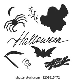 Set of Halloween hand drawn cartoon objects, symbols and design elements with lettering. Vector illustrations.