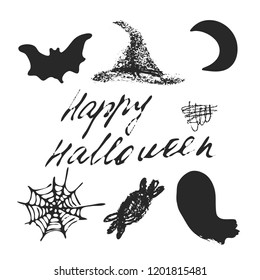 Set of Halloween hand drawn cartoon objects, symbols and design elements with lettering. Vector illustrations.