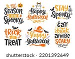 Set of Halloween Hand Drawn Cute Lettering phrases isolated on white. For greeting card with handwritten modern calligraphy quotes. Vector illustration. Stay spooky, Happy Halloween, Trick or Treat 