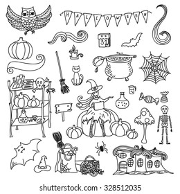 Set of Halloween hand drawn doodle icons on white background