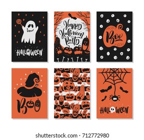 Set Of Halloween Hand Drawn Greeting Card With Calligraphy Quotes, Words And Phrases.