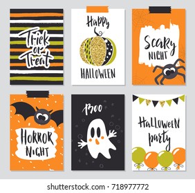 Set of Halloween hand drawn greeting card with calligraphy quotes, words and phrases.Vector illustration with cute spider, pumpkin, bat and ghost