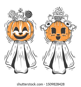 Set of halloween hand drawn pumpkin Jack`s Lantern vector illustration. Face, dark. Halloween illustration vector.