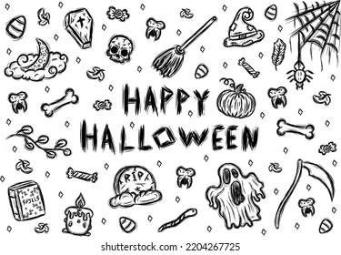 set of Halloween hand drawn scary elements doodle sketch with happy Halloween font
